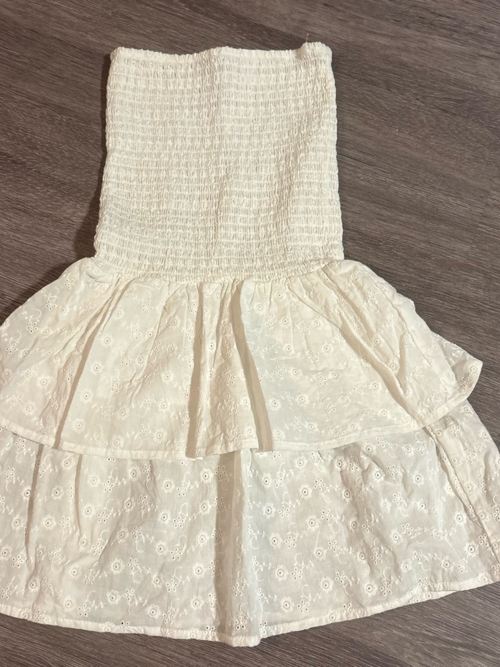 Subdued Strapless White Eyelet Tiered Mini Dress